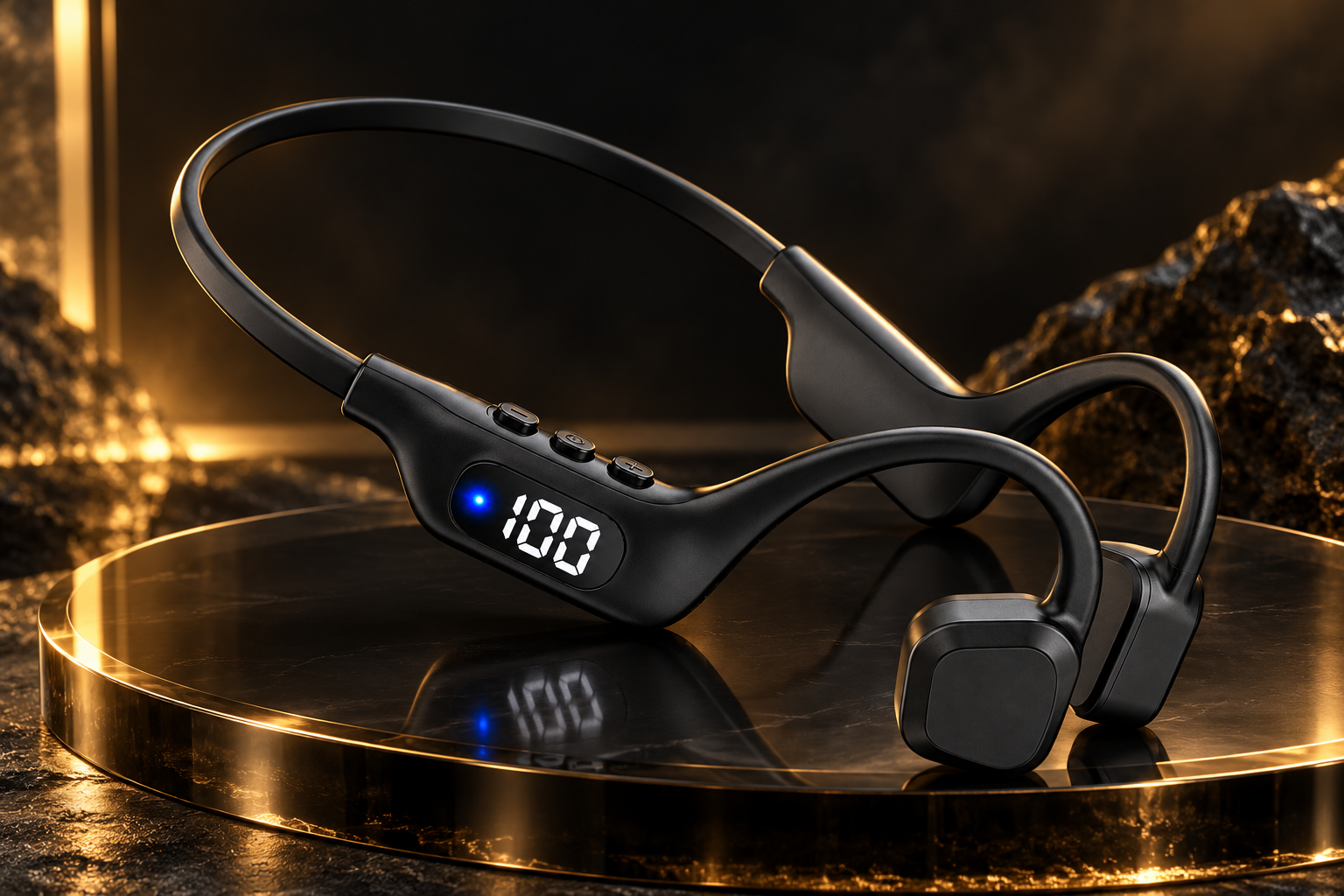 Black Arciea i19pro bone-conduction headphones displayed on a smoked acrylic pedestal with warm gold lighting